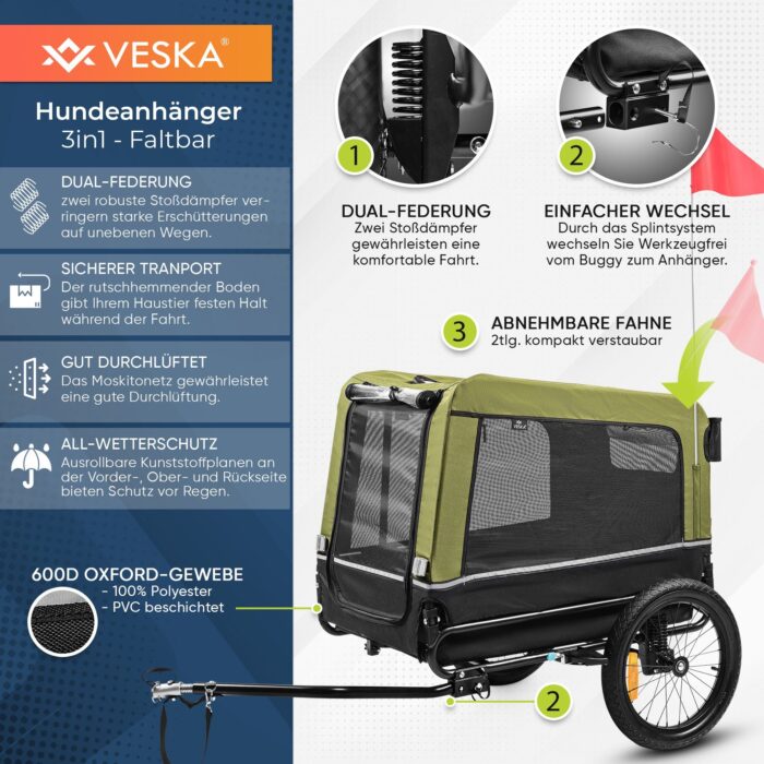 Hundeanhänger VESKA 3 in1 Hundebuggy, Jogger für Hunde - grün – Bild 6