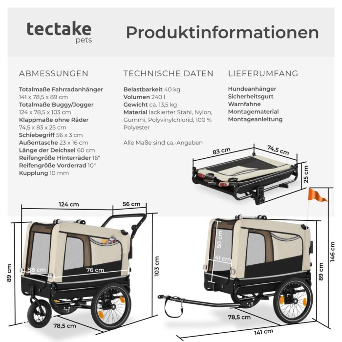 Hundeanhänger TECTAKE 3in1 multifunktional - beige – Bild 12