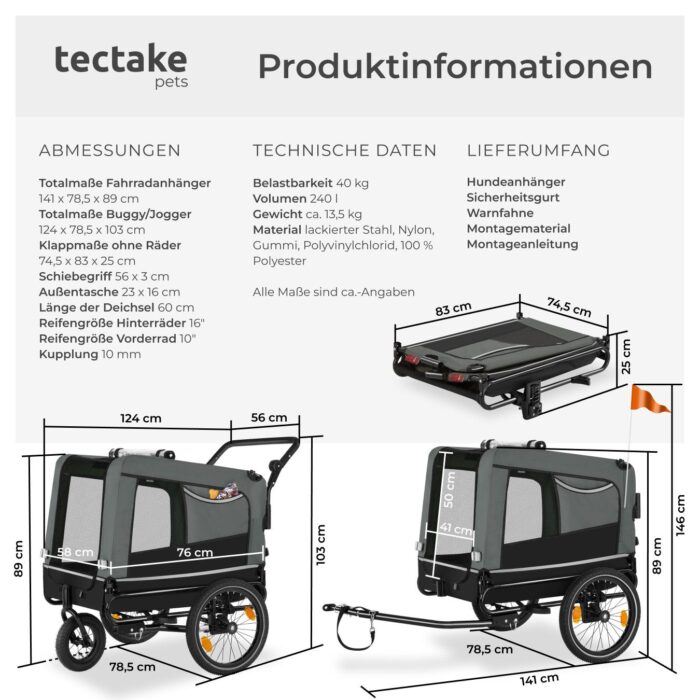 Hundeanhänger TECTAKE 3in1 multifunktional - grau – Bild 14